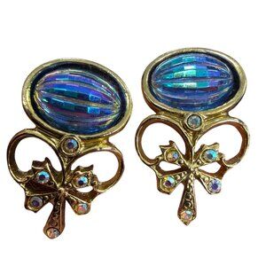 Fleur-De-Lis Clover Earrings Blue Iridescent Stones & Rhinestones